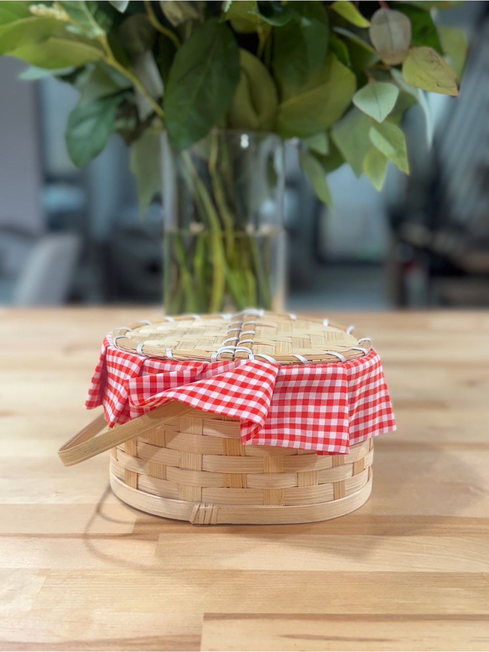 Woven Picnic Basket with Red Gingham Liner